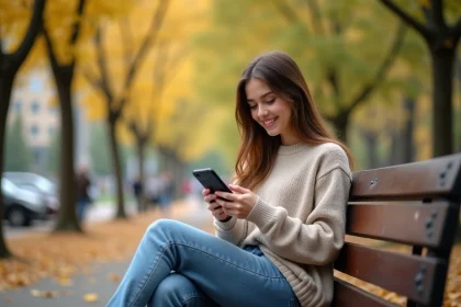 Jeune étudiante assise dans un parc avec smartphone