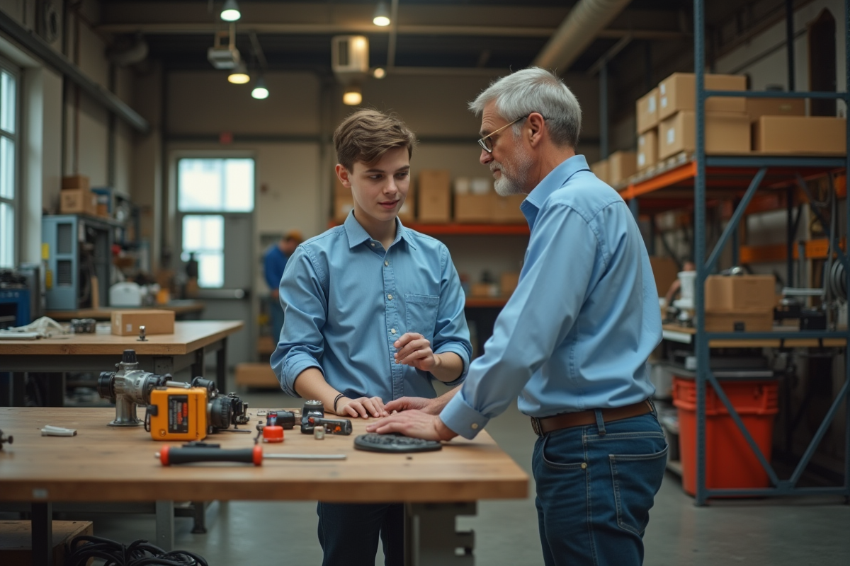 Jeune homme en atelier recevant une démonstration