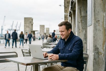 Jeune homme au café à Le Havre avec ordinateur et architecture moderne
