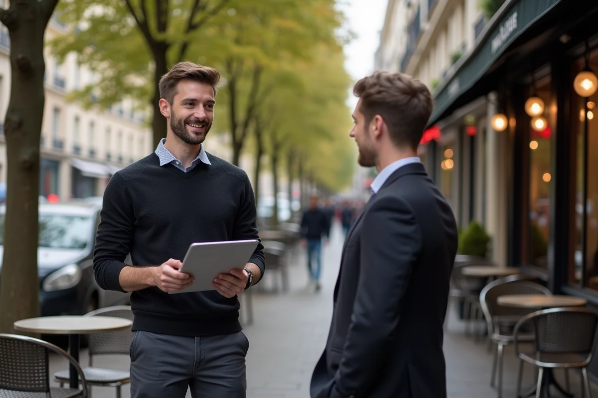 Jeune homme montrant son portfolio marketing à un ami en terrasse parisienne