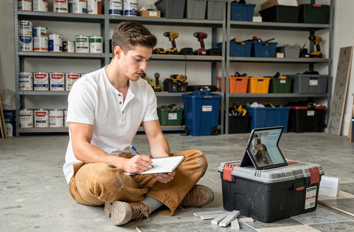 Jeune homme apprenant le carrelage grâce à un cours de bricolage en ligne dans un garage