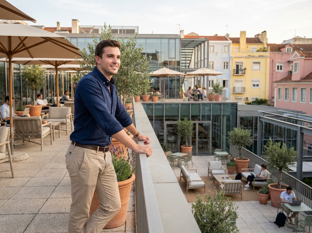 Jeune homme en chinos et chemise sur terrasse de coworking