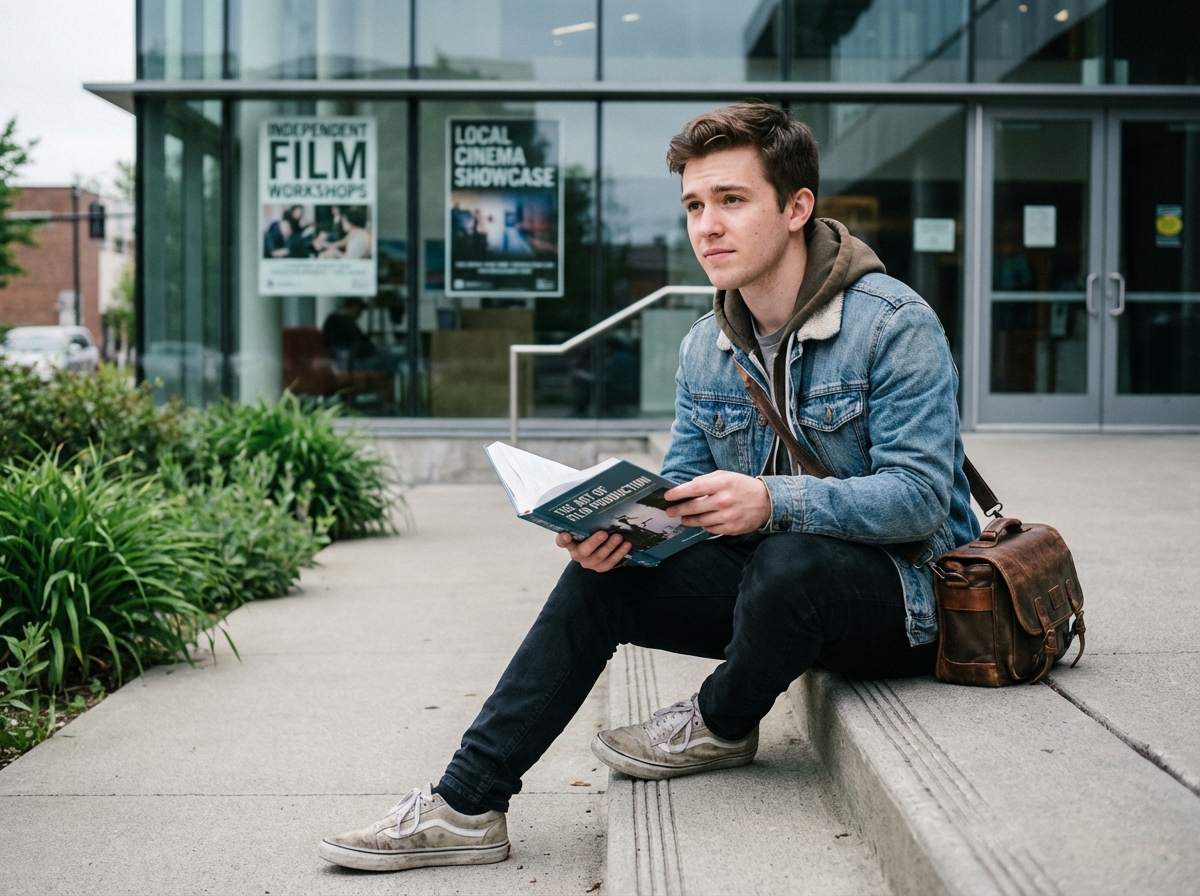 Jeune homme en denim avec sac photo et livre cinéma