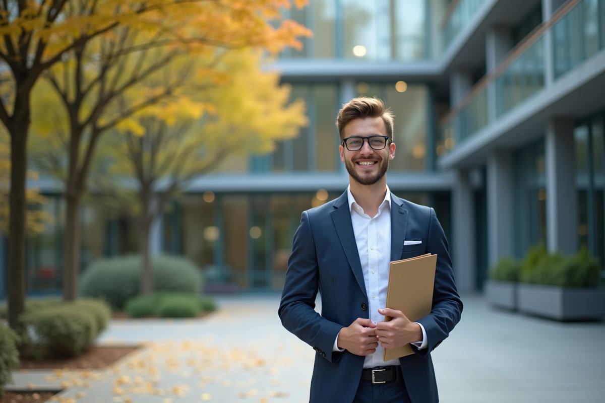Jeune homme souriant devant un bâtiment éducatif