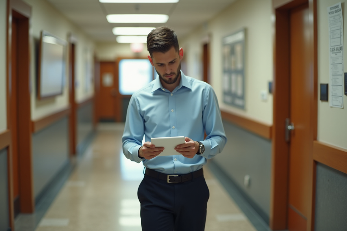 Jeune homme dans un couloir de bureau gouvernemental