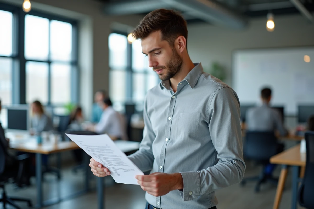 Jeune homme relisant sa lettre de motivation imprimée dans un bureau moderne, prêt pour postuler à un stage