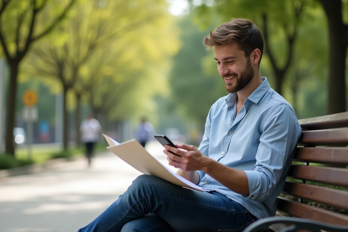 Jeune homme détendu vérifiant son smartphone sur un banc de parc
