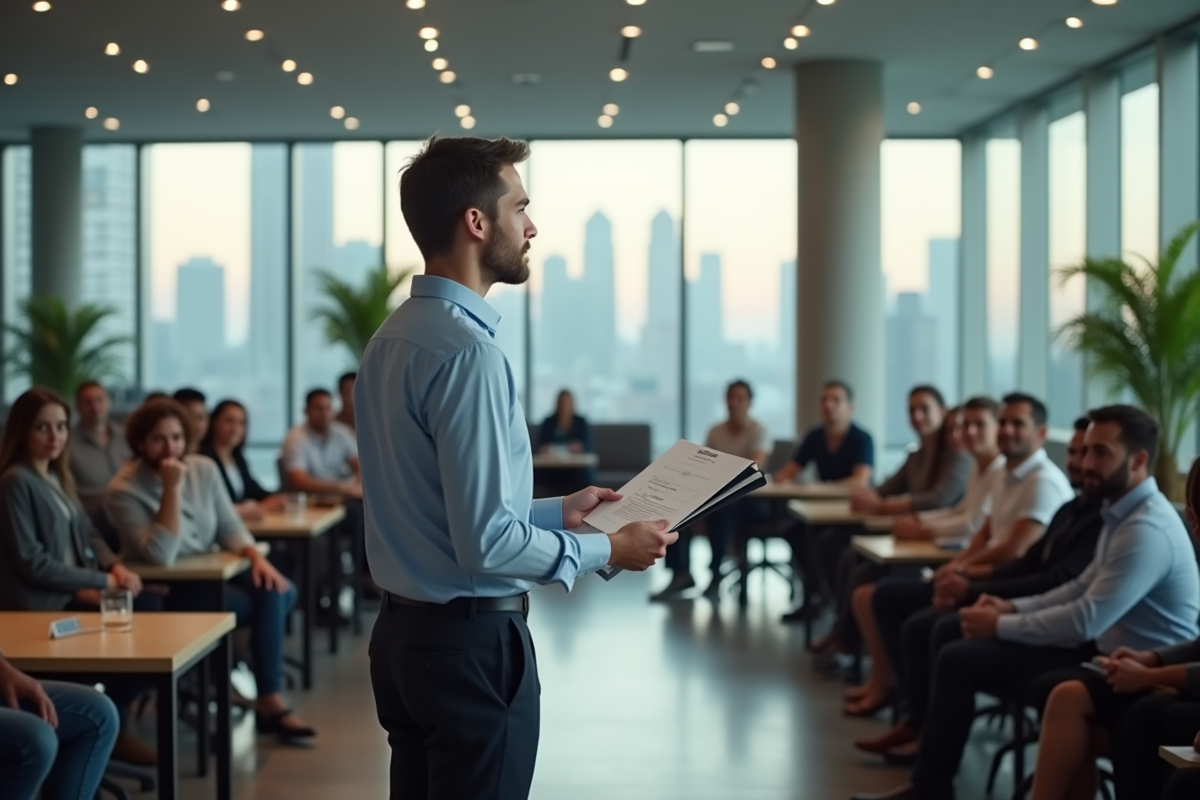 Jeune homme parlant devant un groupe en lounge d