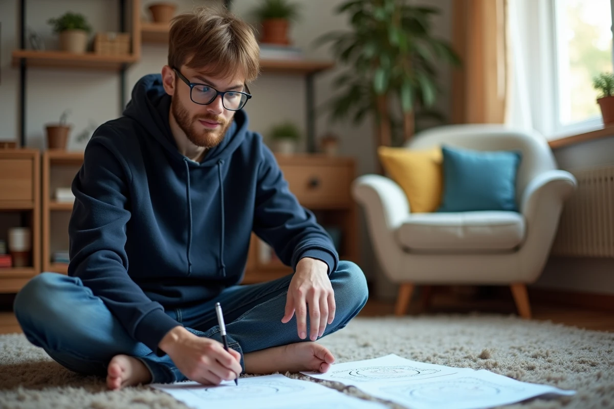 Jeune homme résolvant un test IQ dans le salon