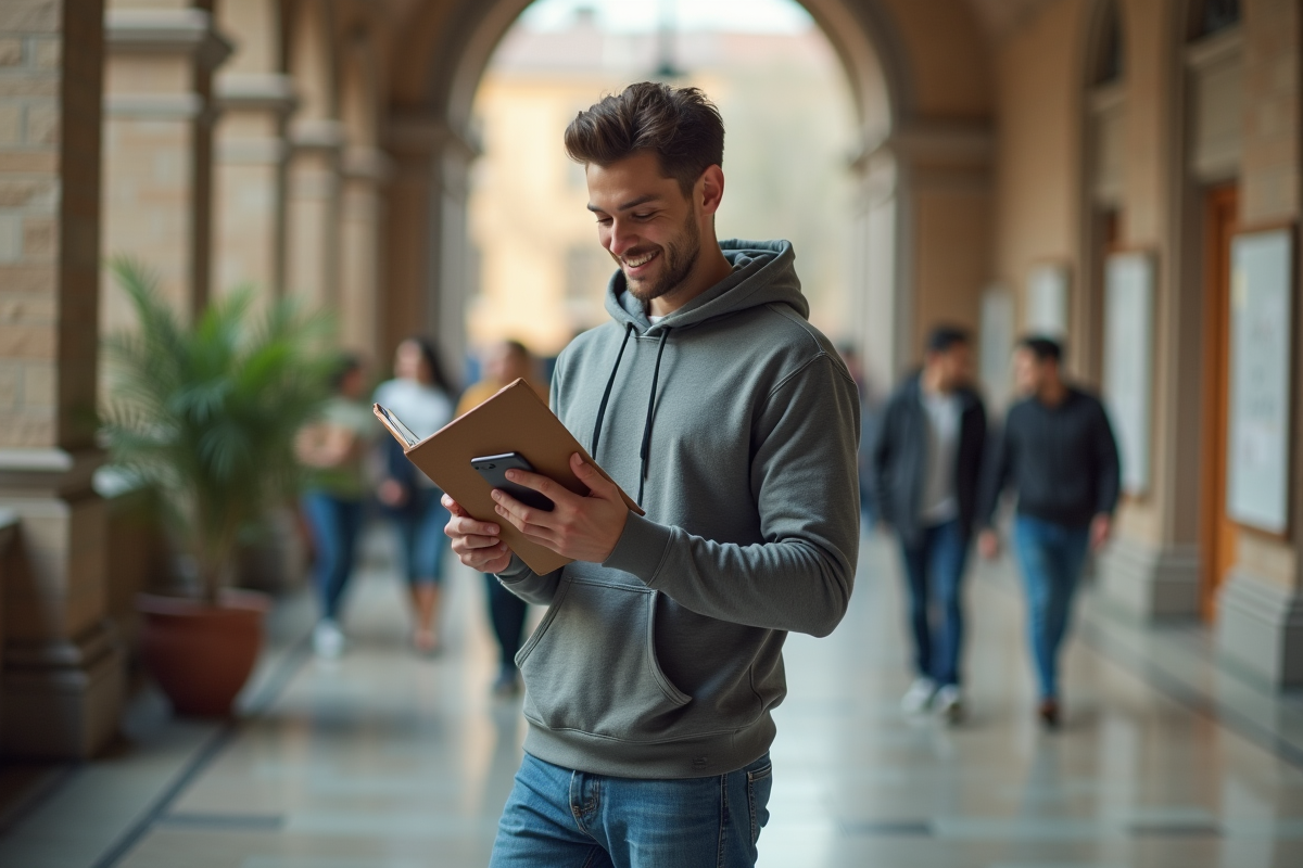 Jeune homme dans un couloir universitaire regardant son téléphone