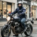 Jeune homme en tenue de motard assis sur une moto de catégorie A2 dans une rue urbaine mouillée