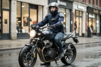 Jeune homme en tenue de motard assis sur une moto de catégorie A2 dans une rue urbaine mouillée