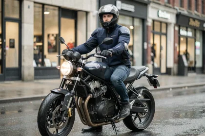 Jeune homme en tenue de motard assis sur une moto de catégorie A2 dans une rue urbaine mouillée