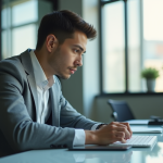 Jeune professionnel concentré au bureau moderne en journée