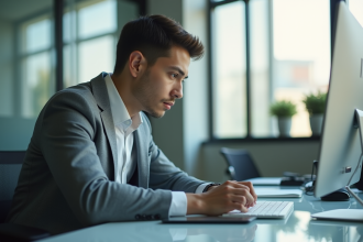 Jeune professionnel concentré au bureau moderne en journée