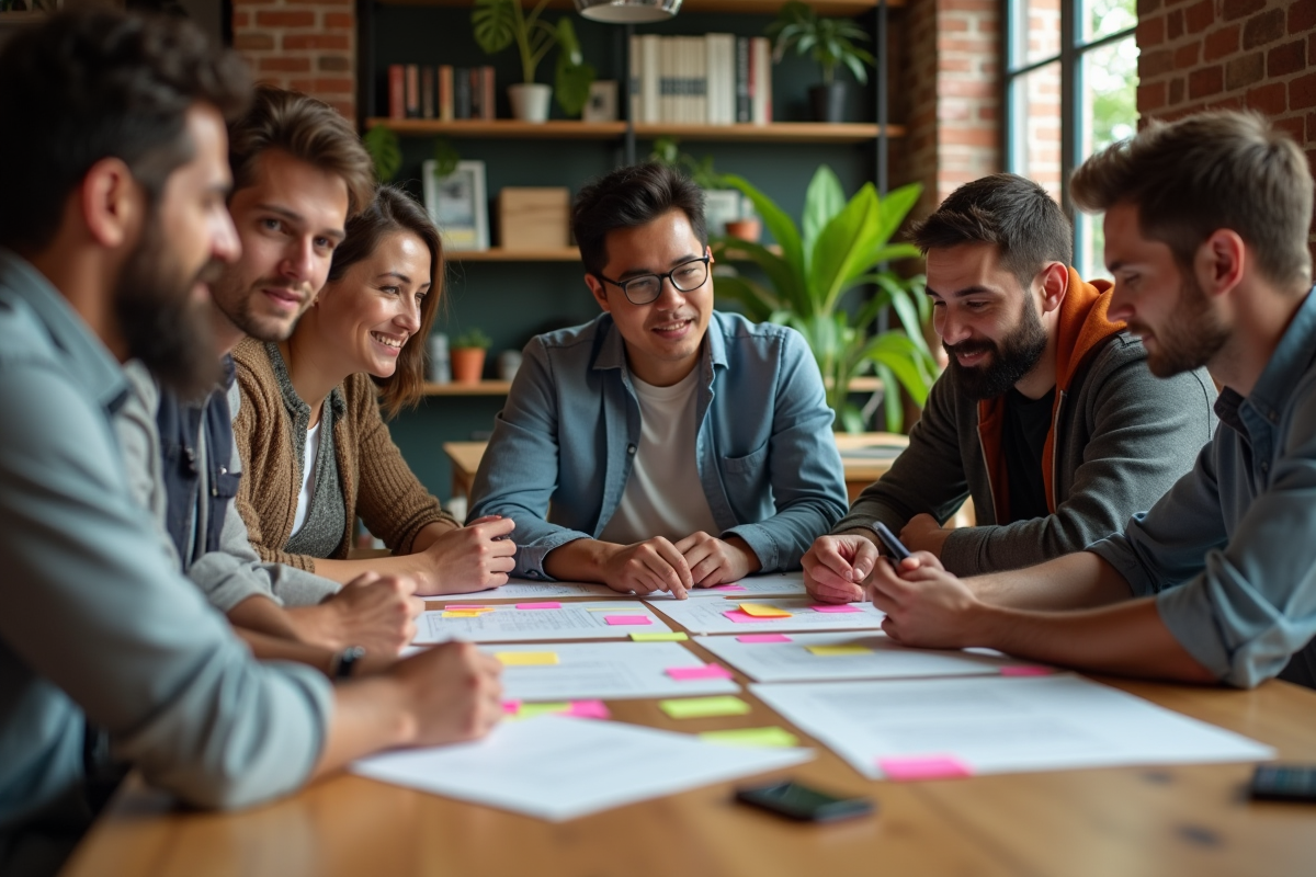 Groupe diversifié de jeunes professionnels collaborant autour d