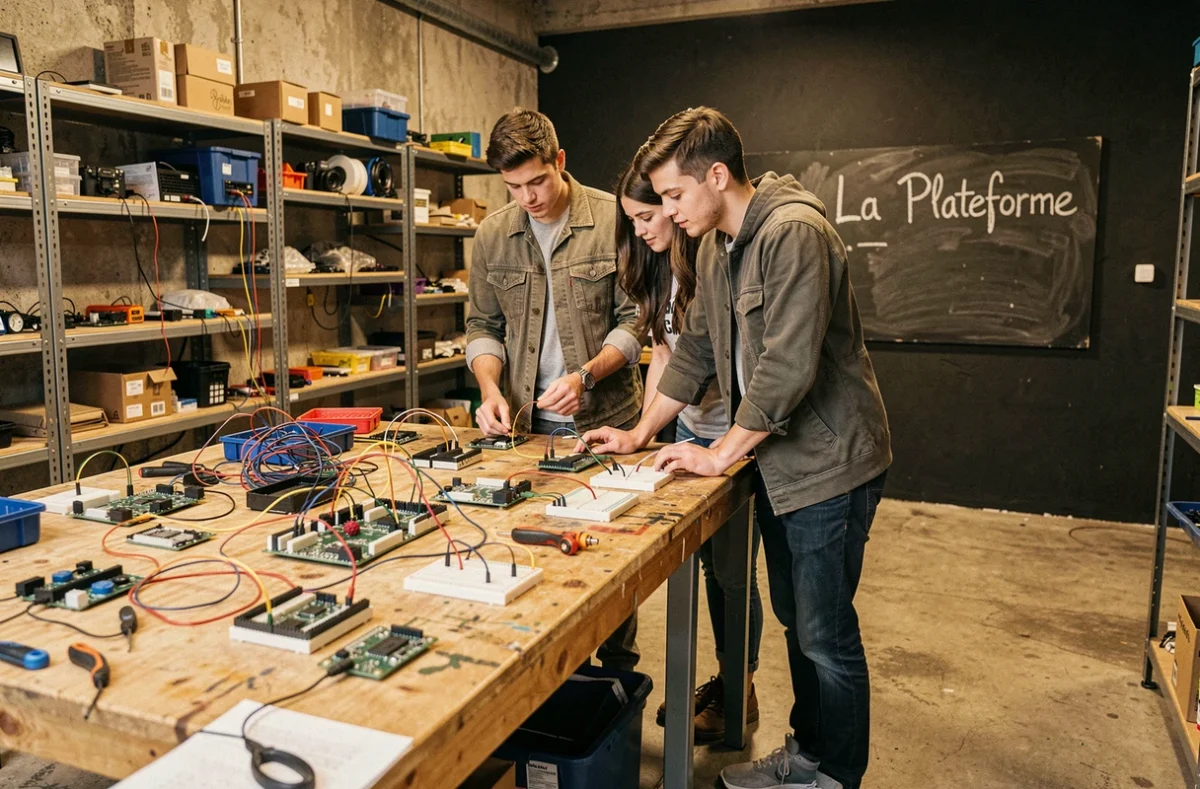 Deux étudiants assemblant des composants électroniques dans l'espace de fabrication de La Plateforme à Bordeaux