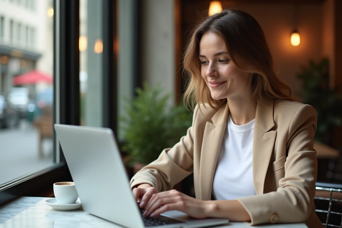 Jeune femme tapant une lettre de motivation sur son ordinateur dans un café, blazer beige, ambiance détendue et professionnelle