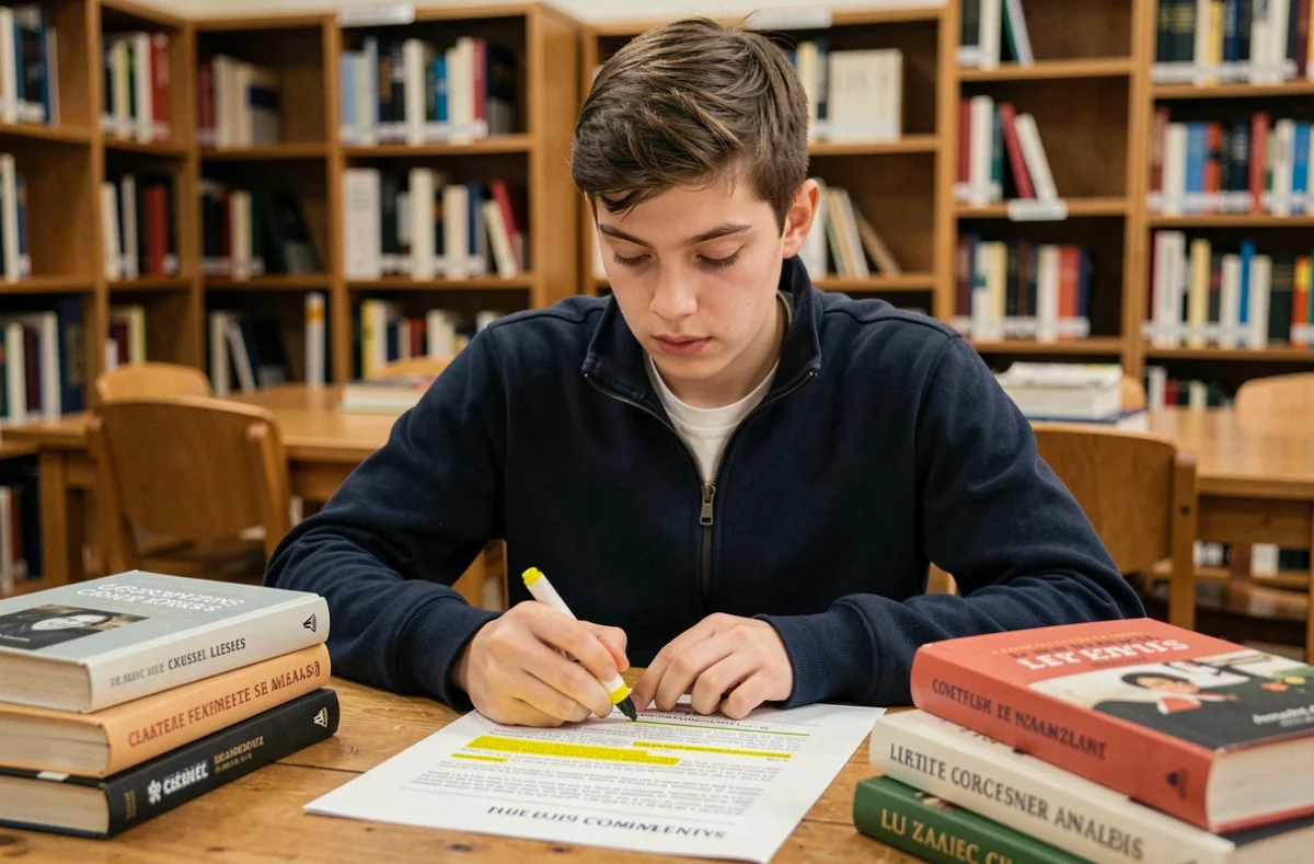 Lycéen étudiant un exemple de commentaire composé corrigé dans une bibliothèque