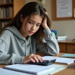 Lycéenne calculant sa moyenne scolaire sur une calculatrice avec ses bulletins de notes étalés sur un bureau en bois
