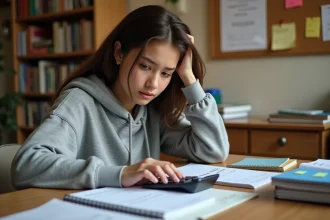 Lycéenne calculant sa moyenne scolaire sur une calculatrice avec ses bulletins de notes étalés sur un bureau en bois