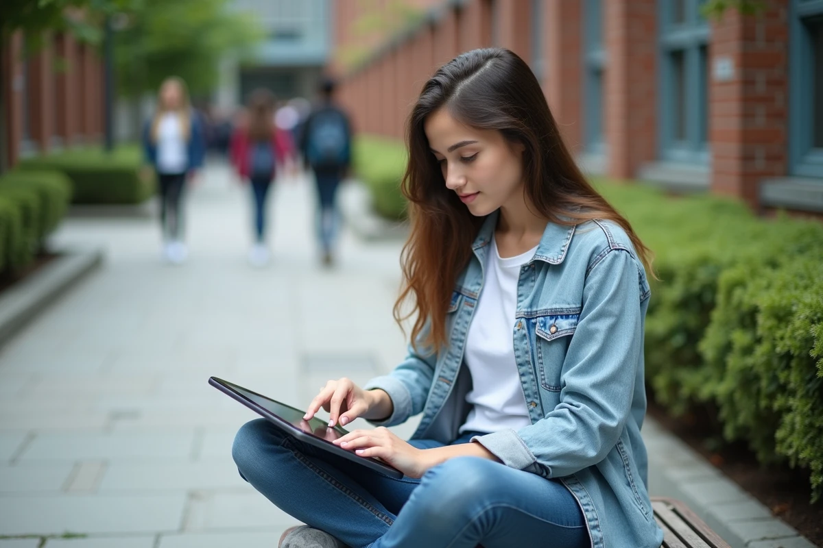Lycéenne se connectant à ONE open digital education sur sa tablette dans la cour d'école