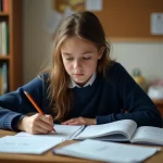 Lycéenne qui révise le passé simple de rejoindre sur ses fiches de conjugaison avant un contrôle de français