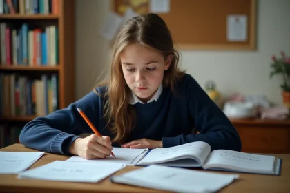Lycéenne qui révise le passé simple de rejoindre sur ses fiches de conjugaison avant un contrôle de français