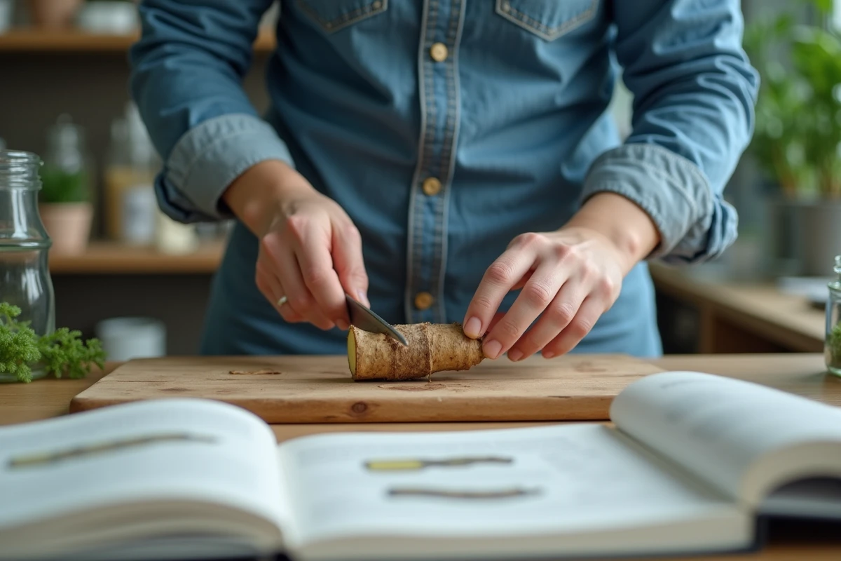 Étudiant coupant une racine dans un laboratoire de biologie