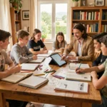 Groupe d'élèves recevant des cours particuliers à domicile en Seine-et-Marne avec un professeur attentif