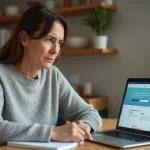 Mère de famille consultant le site Maclasse.fr sur un ordinateur portable dans sa cuisine pour préparer la rentrée scolaire 2026