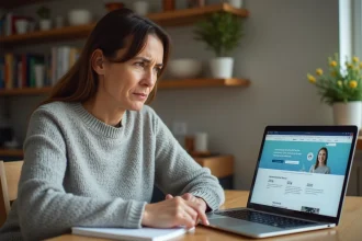 Mère de famille consultant le site Maclasse.fr sur un ordinateur portable dans sa cuisine pour préparer la rentrée scolaire 2026