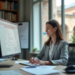 Enseignante consultant la messagerie académique Convergence de Toulouse sur un ordinateur de bureau dans un bureau administratif scolaire