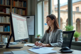 Enseignante consultant la messagerie académique Convergence de Toulouse sur un ordinateur de bureau dans un bureau administratif scolaire