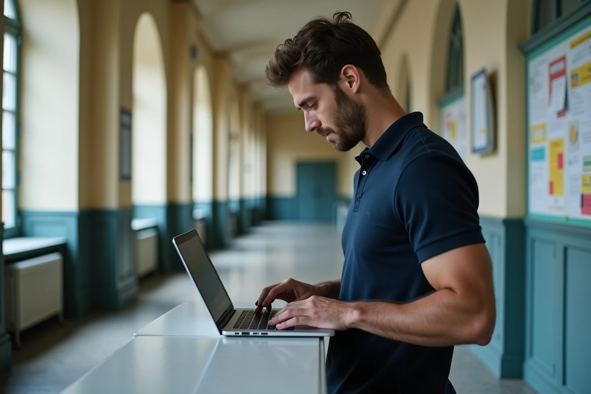 Professeur utilisant la messagerie Convergence de l'académie de Toulouse sur un ordinateur portable dans un couloir scolaire