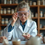 Femme géologue examinant un spécimen minéral rare dans un laboratoire de classification, illustrant les métiers scientifiques rares commençant par Q
