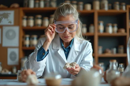 Femme géologue examinant un spécimen minéral rare dans un laboratoire de classification, illustrant les métiers scientifiques rares commençant par Q