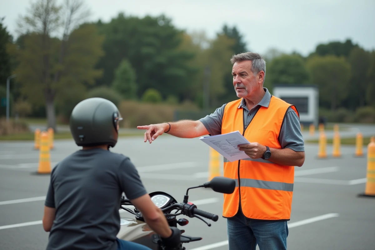 Moniteur d'auto-école expliquant les étapes du permis 125 cm3 sur un circuit de formation, mettant en avant les erreurs à éviter lors de la préparation