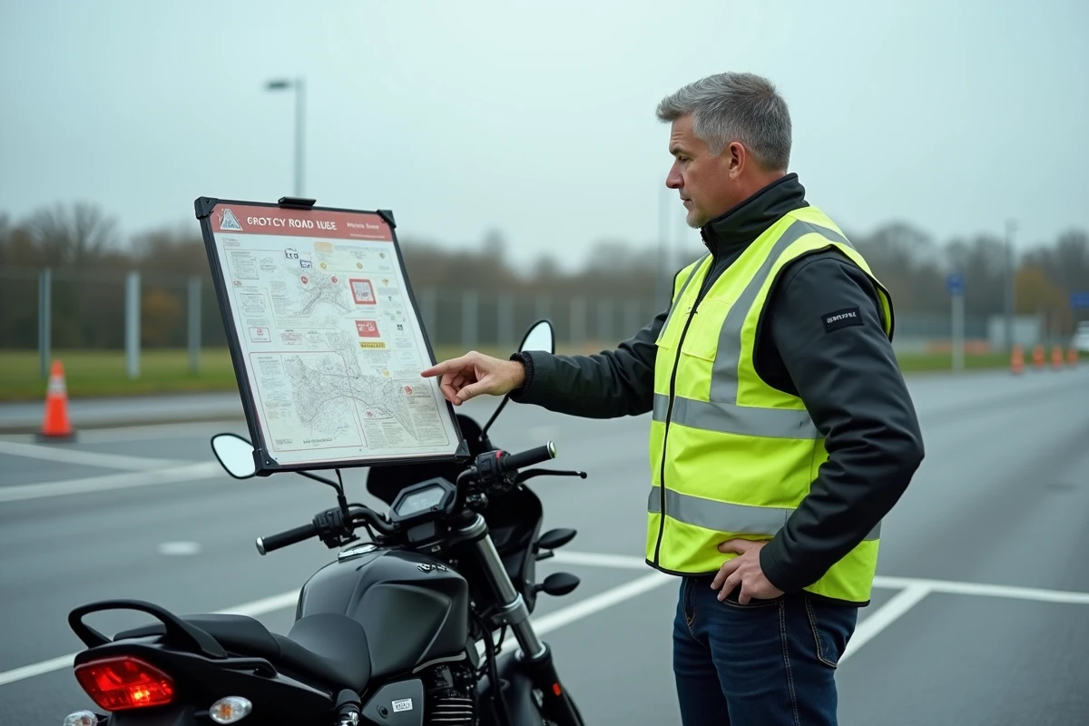 Moniteur moto expliquant les panneaux du code de la route sur un plateau d'examen en extérieur