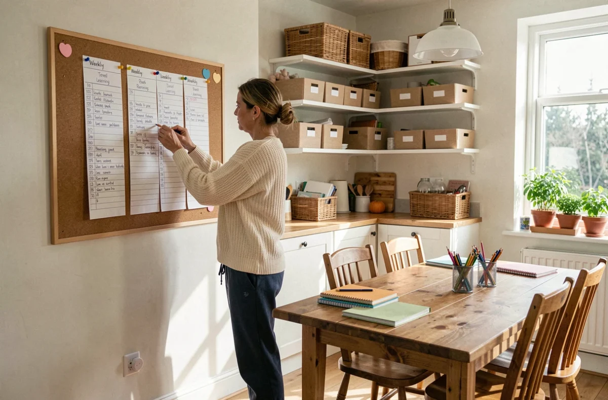 Parent affichant un planning hebdomadaire sur un tableau liège dans un espace de vie organisé pour l'école à la maison