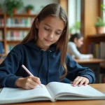 Adolescente feuilletant un guide des métiers dans une bibliothèque de collège, découvrant des professions insolites commençant par la lettre Z