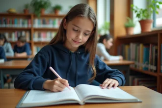 Adolescente feuilletant un guide des métiers dans une bibliothèque de collège, découvrant des professions insolites commençant par la lettre Z
