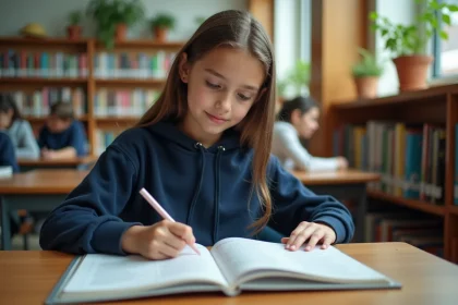 Adolescente feuilletant un guide des métiers dans une bibliothèque de collège, découvrant des professions insolites commençant par la lettre Z