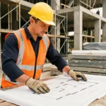 Ouvrier du bâtiment en gilet haute visibilité étudiant un plan architectural sur un chantier de construction