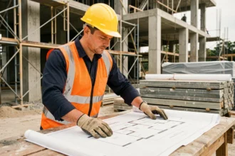 Ouvrier du bâtiment en gilet haute visibilité étudiant un plan architectural sur un chantier de construction