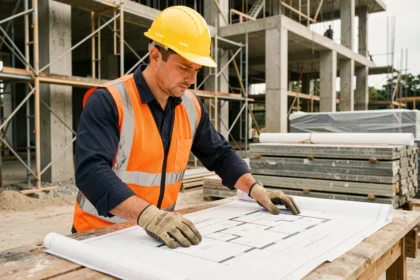 Ouvrier du bâtiment en gilet haute visibilité étudiant un plan architectural sur un chantier de construction
