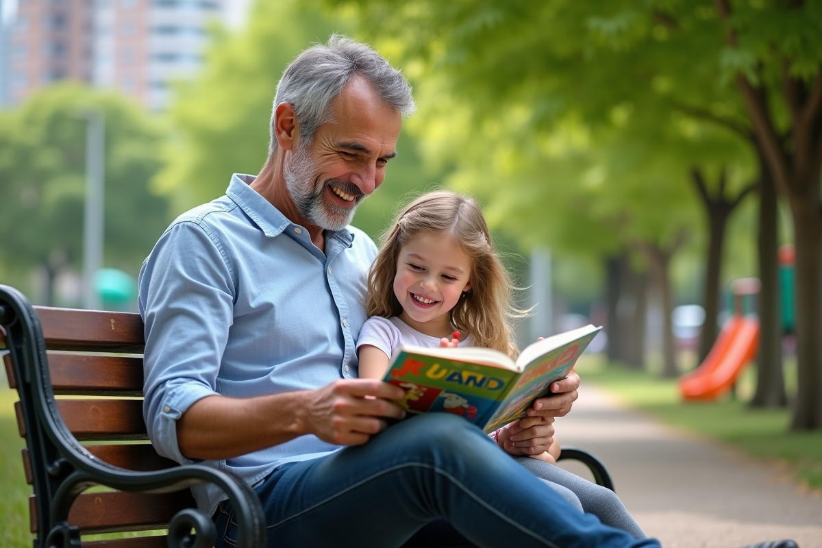 Père et fille riant en lisant un livre dans un parc