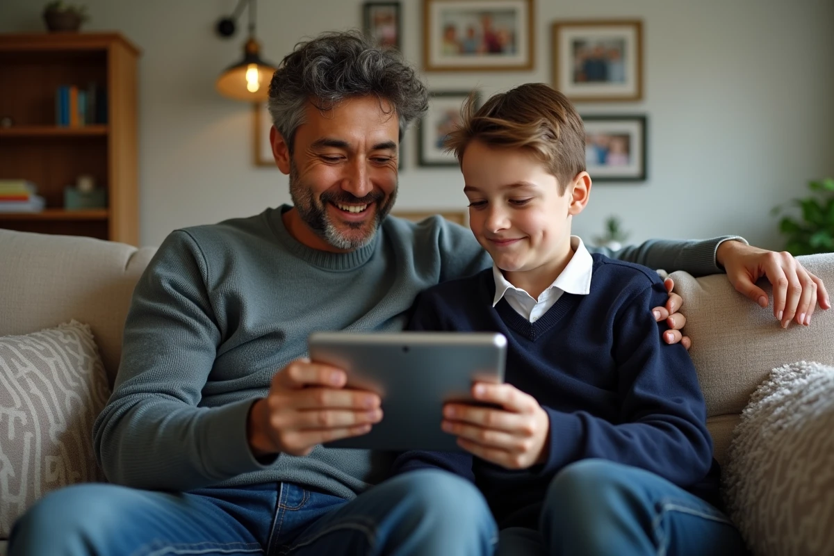 Père et fils regardant une tablette ensemble à la maison