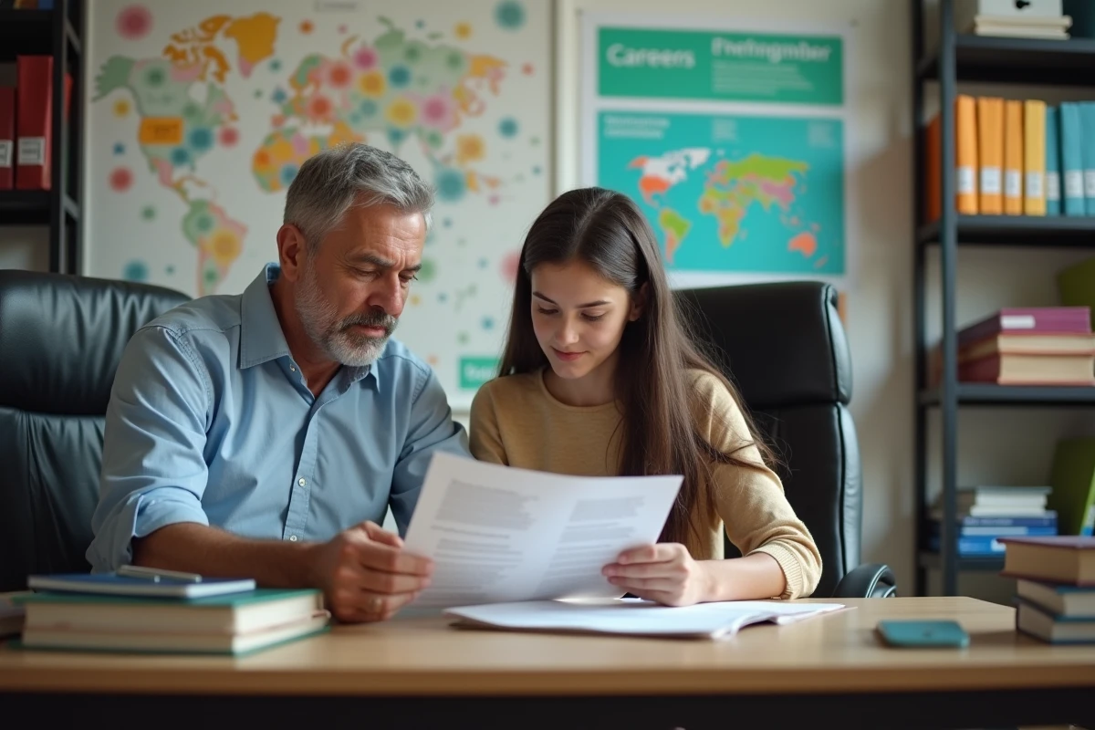 Père et fille discutant de projets professionnels en bureau