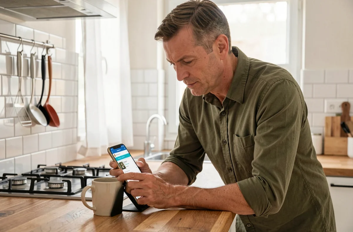 Parent vérifiant le portail ENT Cholet sur smartphone Samsung depuis sa cuisine à domicile